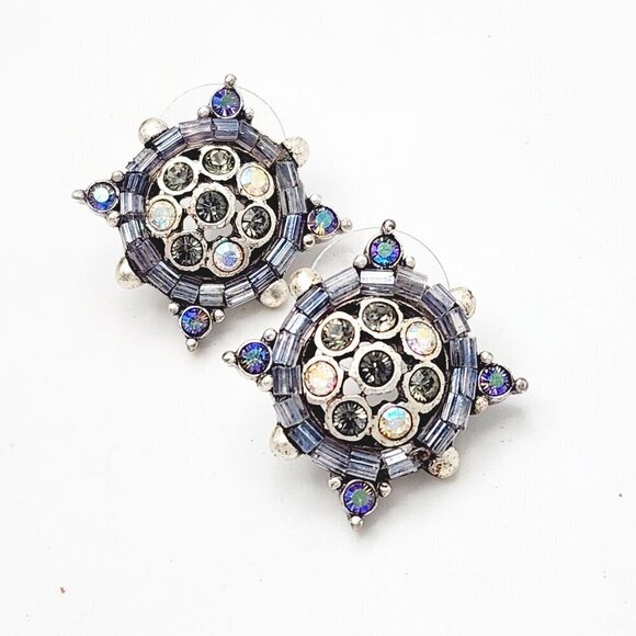 Anne Klein Micro Mosaic Beaded Grey & Silver Crystal Round Burst Stud Earrings - Picture 1 of 5